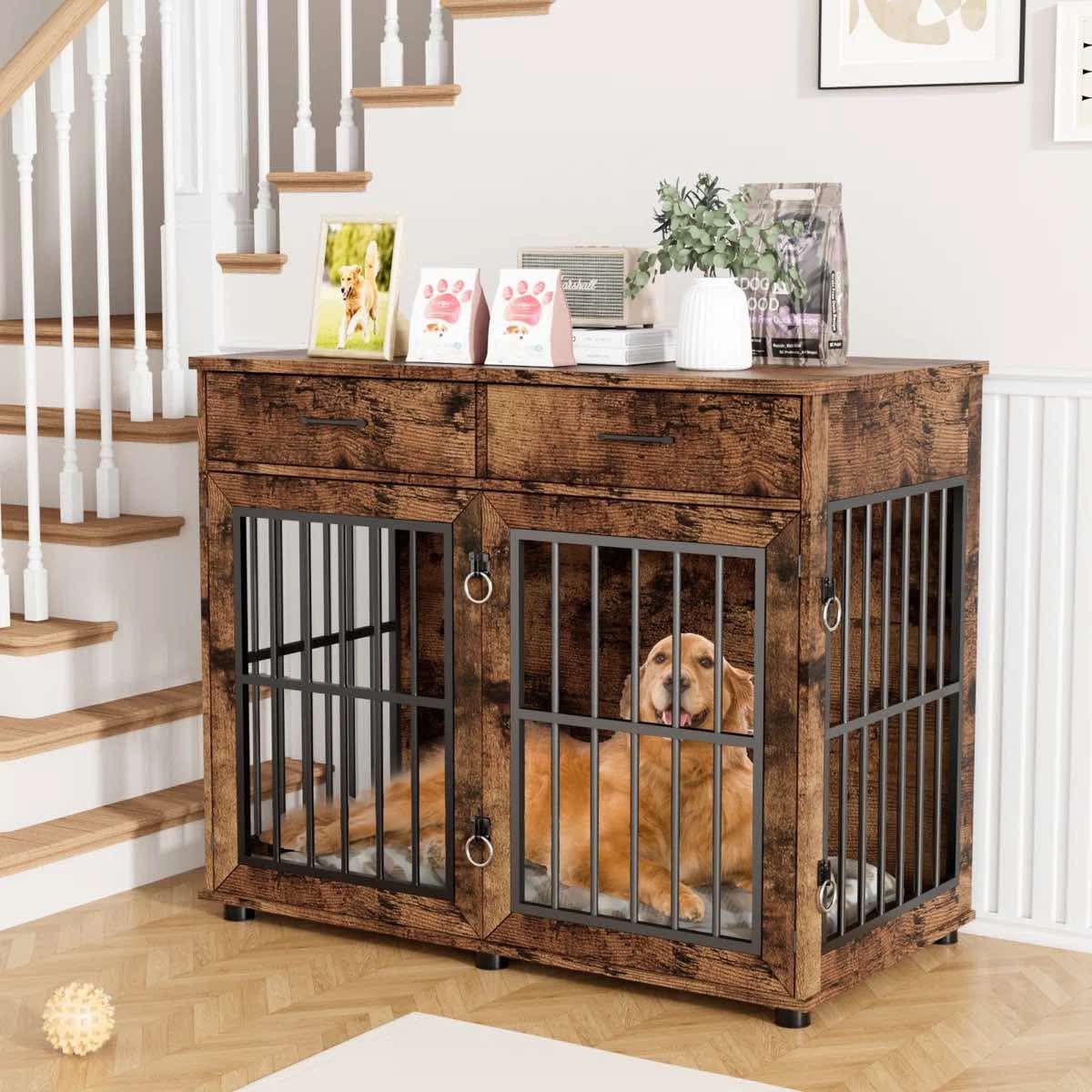 43.3 Inch Large Dog Crate Furniture, Wooden Dog Kennel Furniture End Table With 3 Doors And 2 Storage Drawers, Brown