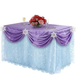 Purple Satin and Tulle Table Skirt with Snowflake Clips