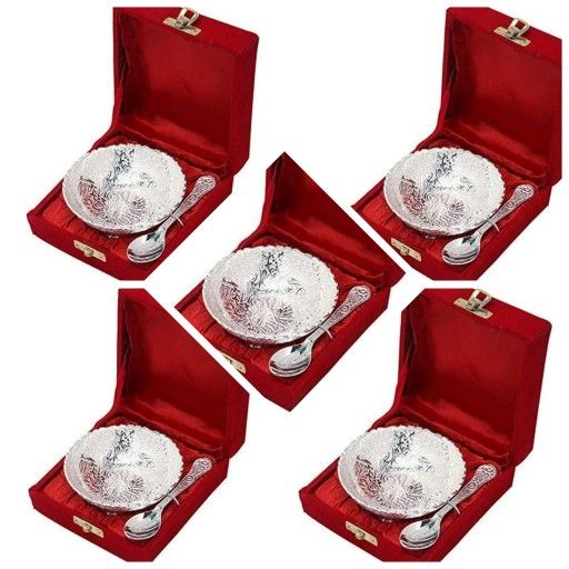 5 pcs of Handicrafts Aluminium -Silver Plated Small Bowl Set with Spoon Size - 3.5 Inch Diameter Bowl, capacity -100 ml /3.38 OZ - BO