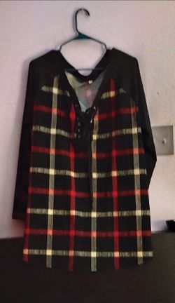 Brand New Long-sleeve black top featuring a red, black, and beige plaid pattern