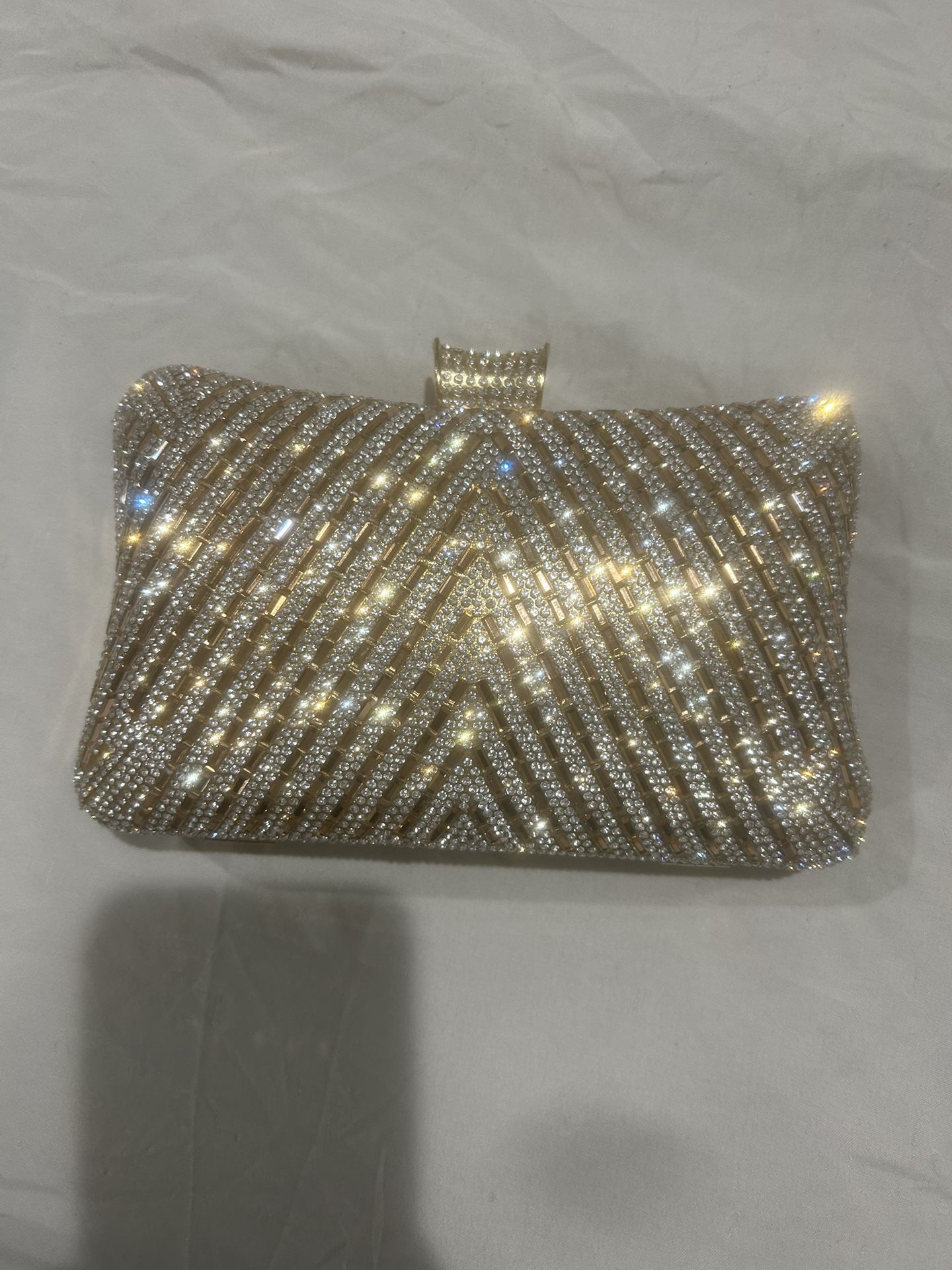 Gold Rhinestone Evening Clutch –(Brand New) With Removable Chain