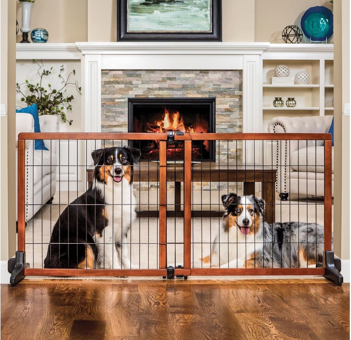 Extra Tall 70-Inch Wide Adjustable Freestanding Pet Gate, Premium Wood Brown