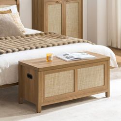 Rattan Storage Chest 39.4" Storage Bench for Bedroom Boho Storage Truck with 2 Safety Hinges and Flip Top for Living Room Entryway, Supports 220 lb, O