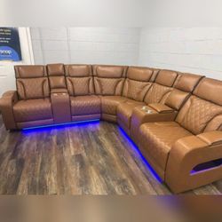 Light Brown Leather Aire Transformer Power Reclining Sectional Sofa with Power Headrest Bluetooth Speakers, LED Lights, USB & USB-C Ports Storage & Cu