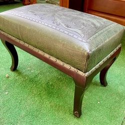 Green Leather & Wood Ottoman