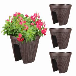 Deck Railing Planter Boxes Set of 4, 12 inch Round Outdoor Planters with Adjustable Brackets for Patio, Balcony, Fence
