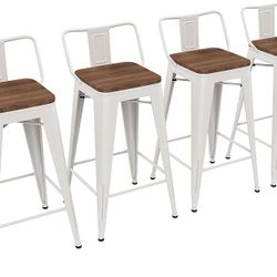 24 inch Barstools Set of 4 Counter Height Bar Stools Farmhouse Kitchen Metal Bar Chairs with Wood Seat Low Back Cream White