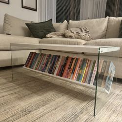 🤍 Modern Glass & White Coffee Table with Bookshelf Base – $100