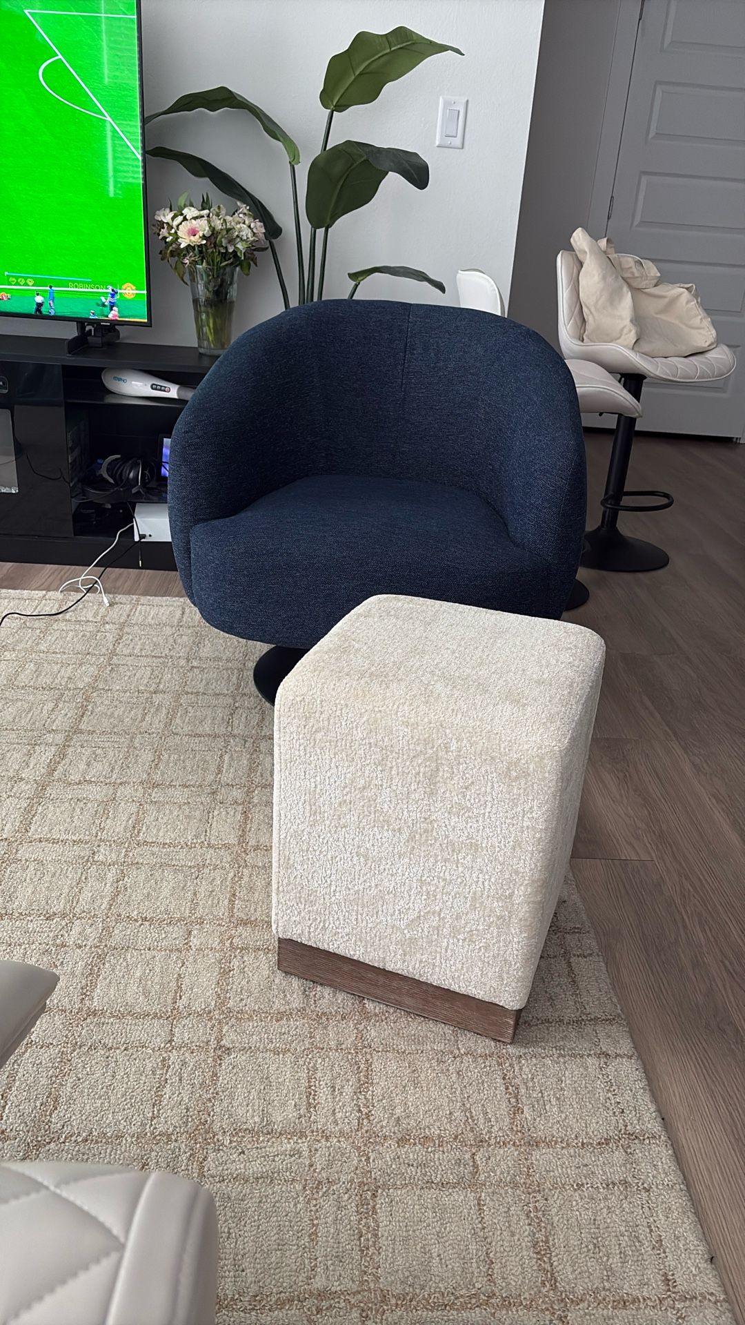 Blue Swivel Accent Chair W. Foot Stool