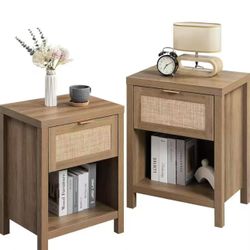 NIEWA10002-2 new in box  Rattan Nightstand - Farmhouse Night Stand with Drawer and Storage Shelf - Boho Accent Table Bedside Table End Table Side Tabl