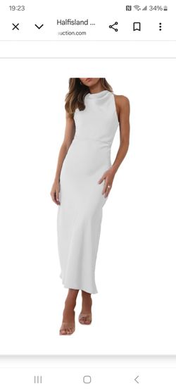 Halfisland Summer Satin High Neck Backless Sleeveless Midi Dresses for Women Elegant Mock Neck High Waist Cross Back Cocktail Dress White
