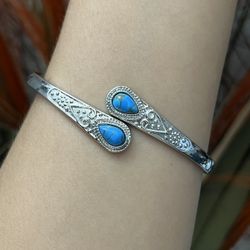 Silver turquoise peacock feather chunky cuff bangle bracelet