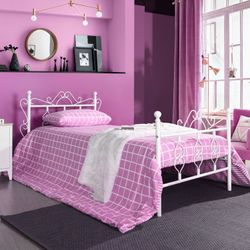 Homy Casa MIQUEL Single White Metal Bed Frame, Modern Iron Design