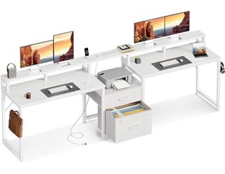 98" 2 Person Computer Desk with Fabric Drawer & File Cabinet, Two Person Long Writing Home Office Desk