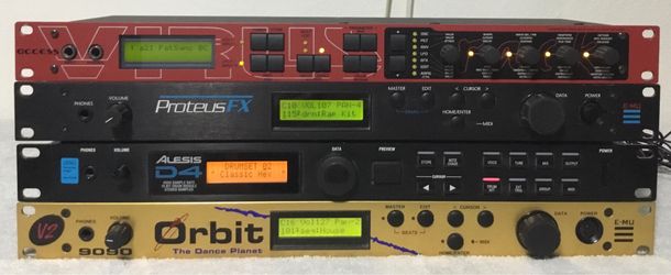 Emu Orbit v2, Virus Rack Synthesizer, Proteus fx, Alexis d4