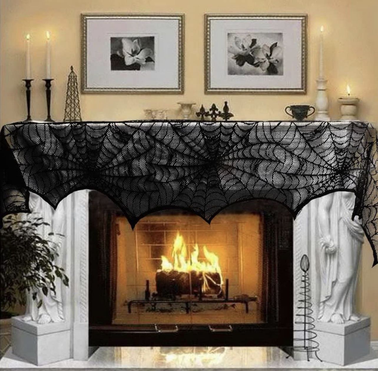Halloween Decoration Black Lace Spiderweb Fireplace Mantle Scarf Cover Festive Party Supplies 45 X 2