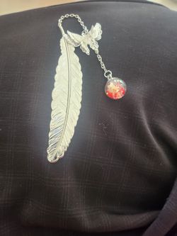 Beautiful  Silvertone Feather And Butterfly Bookmark 