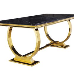 72 inch Dining Room Table with Gold Stainless Steel Metal U-Base in Black Gold
