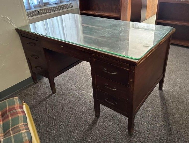Wood Desk w/Interlocking Drawers, Key, and Glass Top