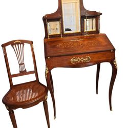 Antique French Style Secretaries Desk With Bronze Accents And Chair 