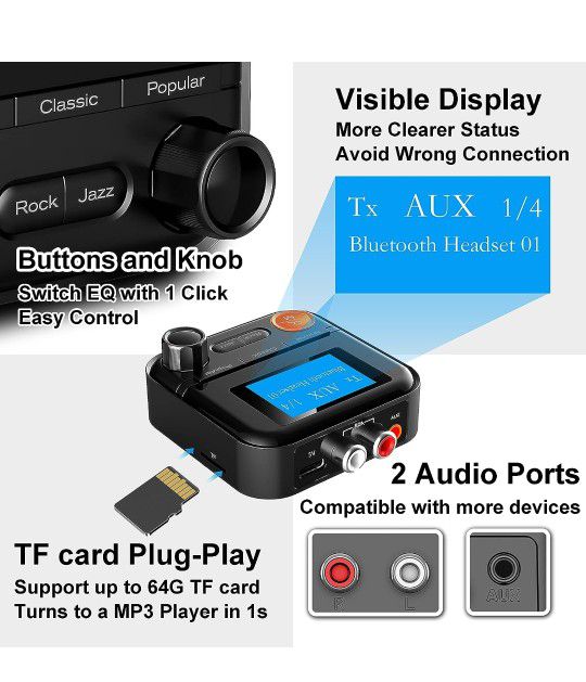 Bluetooth Transmitter, 2-in-1 Bluetooth Transmitter Receiver with LCD Screen, 5 EQ Effects, TF Card Plug-Play, Support 3.5mm AUX, RCA, for TV/PC/Car/M