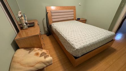 Wood Bed Frame with Upholstered Headboard