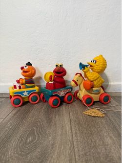 Vintage TYCO Sesame Street Train Set Pull Toy featuring Big Bird, Elmo, and Ernie
