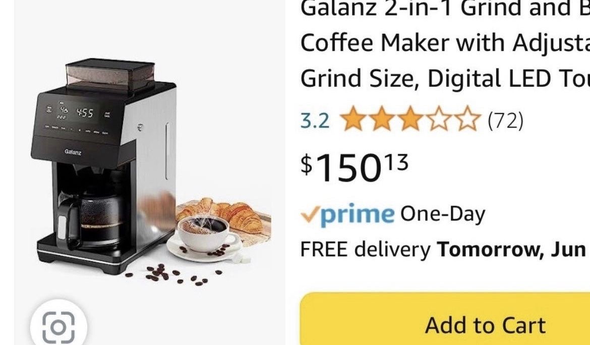 Galanz 2in1 Grind and Brew Coffee Maker with Adjustable Grind Size