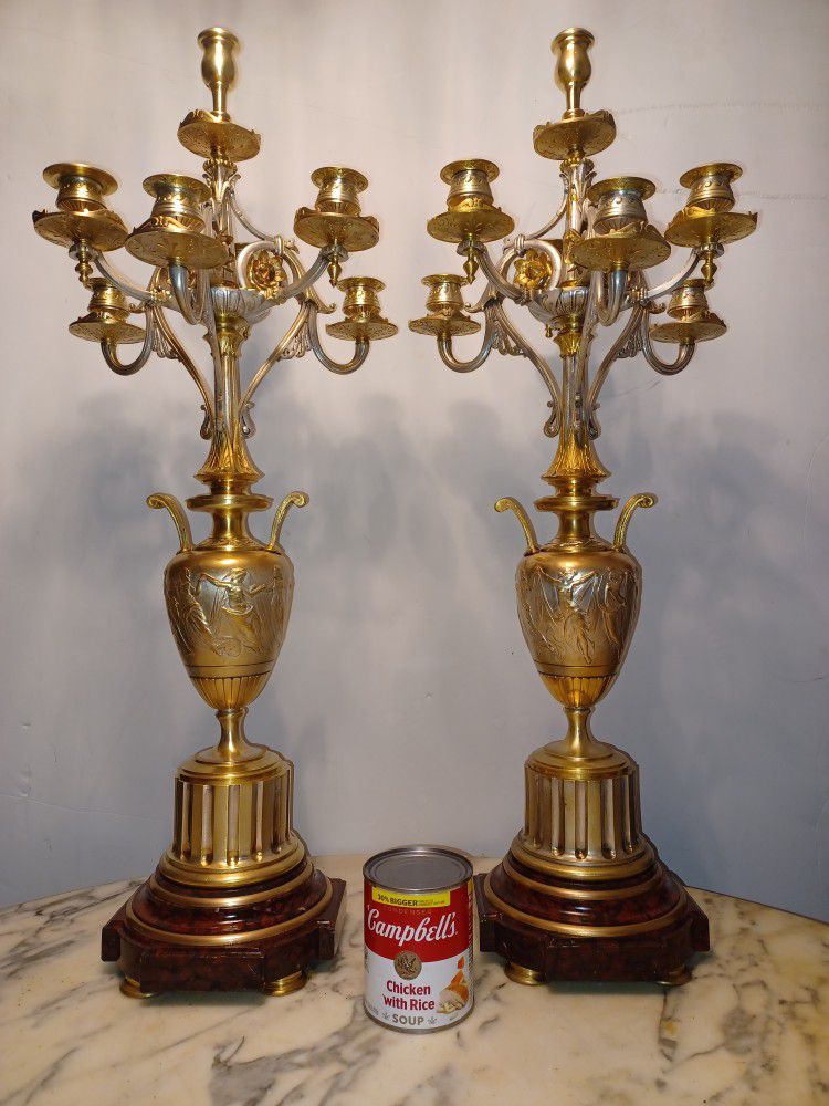 Antique French Large Paír Of Candelabras With Marble Red.size 29 Tall X 12 Wide