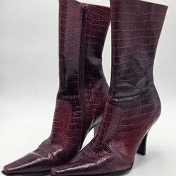 Kenneth Cole New York Burgundy Croc-Embossed Heeled Leather Boots