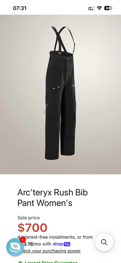 Arcteryx women’s size 6 rush bibs