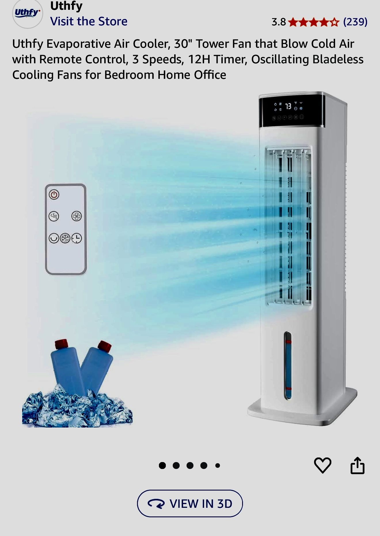 Fan Evaporative Air Cooler, 30" Tower Fan LIKE NEW