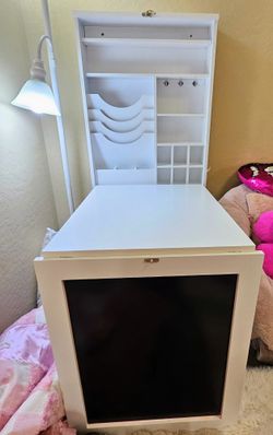 White Foldable Wall Mounted Desk w/Storage Shelves and Chalkboard