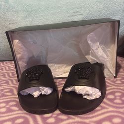 NEW UNUSED Versace Leather Slides La Medusa Black