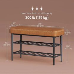 VASAGLE Shoe Rack Bench Storage Entryway Leather w/ Stitching Mid Century Modern - Caramel Brown