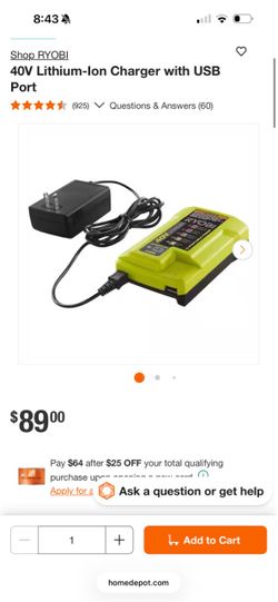RYOBI 40V Lithium-Ion Charger with USB Port
