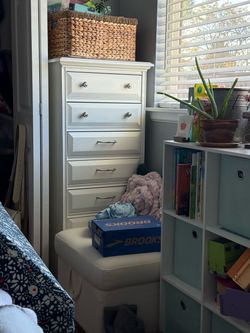 White dresser, 6 drawer, 48”x18”x18”
