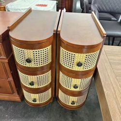 New assembled set of 2 Solid Wood End Table, 3-Drawer Rattan Side Table, Night Stand with 3 Rattan D