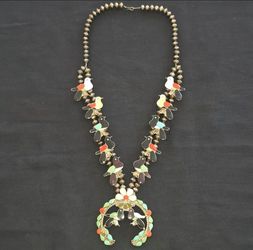 Signed Wesley & Ella Gia Zuni Sterling Squash Blossom Necklace Inlay Birds