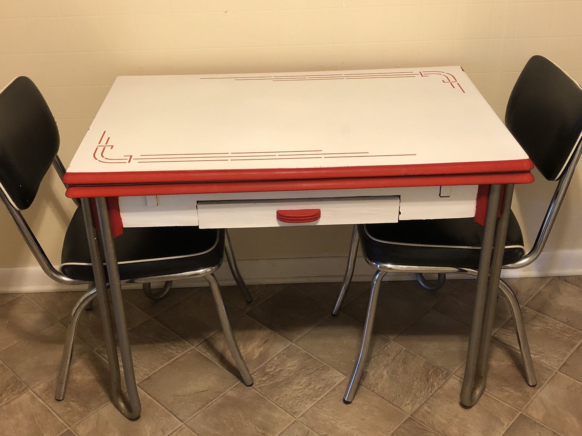 Enamel Top Table and Two Chairs