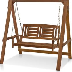 Furinno Tioman Hardwood Patio / Garden / Outdoor 4ft Porch Swing, 2 Seater with Stand, Natural