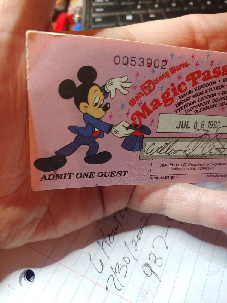 Vintage Admission To Disney World Ticket