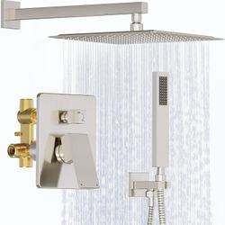 Shower System, 12-Inch Brushed Nickel Shower Faucet Set with Shower Valve, High Pressure Rain Shower Head with Handheld and Shower Trim Kit, Bathroom 