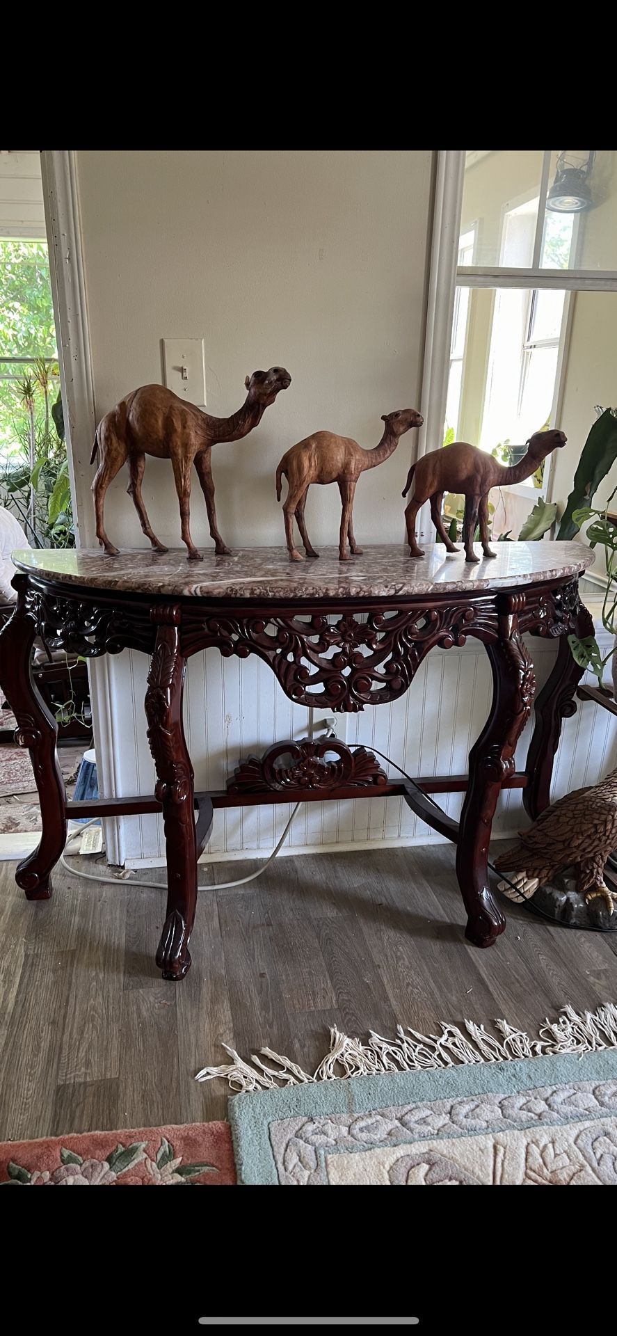 Consul Side Table Or Entryh Table Antique Mahogany Carved Top Marble Pink