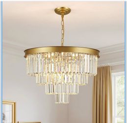 NEW Golden Chandelier, 24 Inch 12-Light Modern Crystal Ceiling Light Fixture – 4-Tier Round Crystal Candelabra for Dining Room, Living Room, Bedroom, 