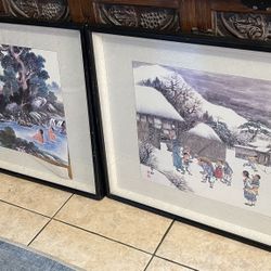 Vintage Japanese Watercolor Art – Signed Framed Set w/ Brass Latches Mid Century