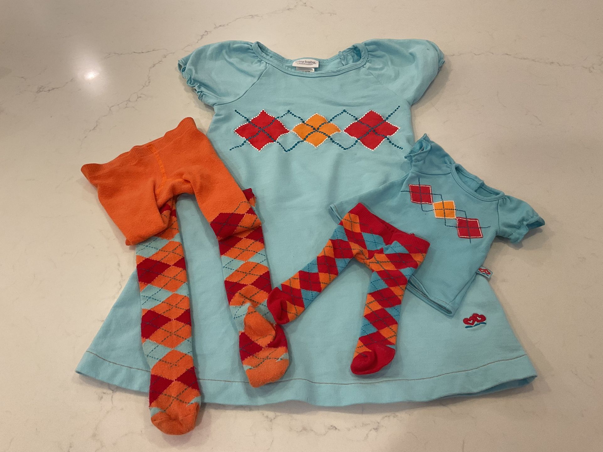 American Girl Bitty Baby Argyle Dress & Tights Size L (6/6X) With Matching Doll Dress