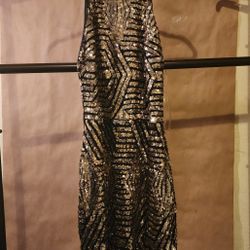 Brand New Black And Gold Sequins Sleeveless Mini Dress With Leather Straps And Back Size Medium Two Gold Buttons At Top To Tie Around Neck New