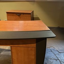 Set Of 3 Light Cherry Heavy Wood Office Furniture Set, Bow Desk + Large File Drawer + Small Drawer