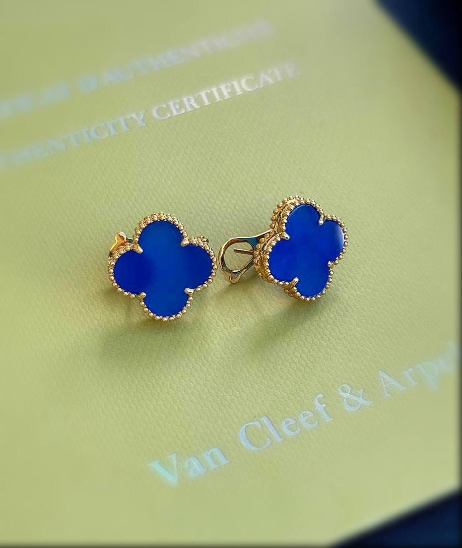 18k yellow gold Van Cleef style Alhambra Blue Agate stone clover clip back earrings